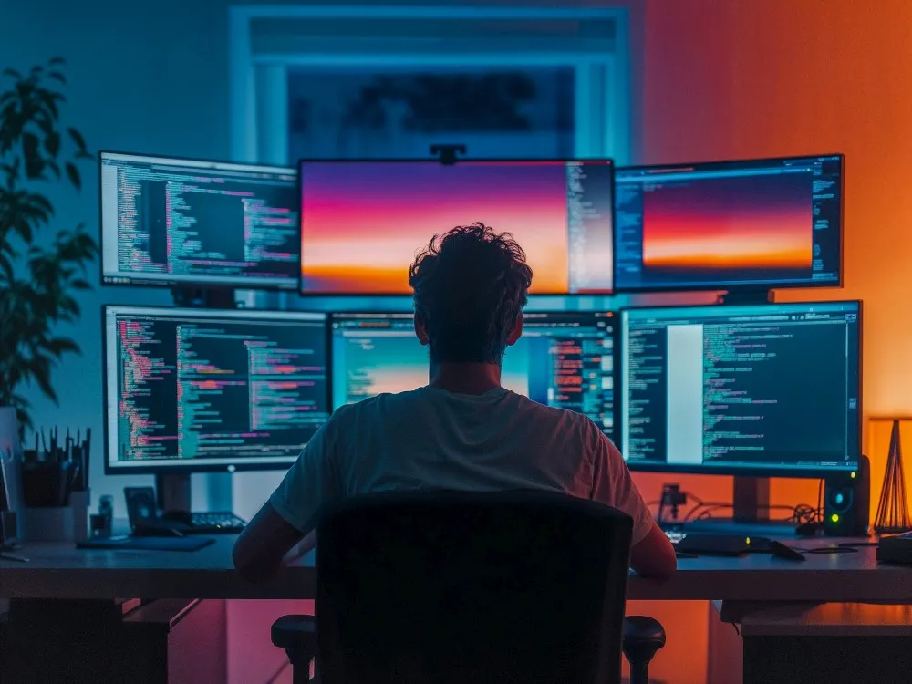 Tech savvy professional in a multiscreen workspace 1000